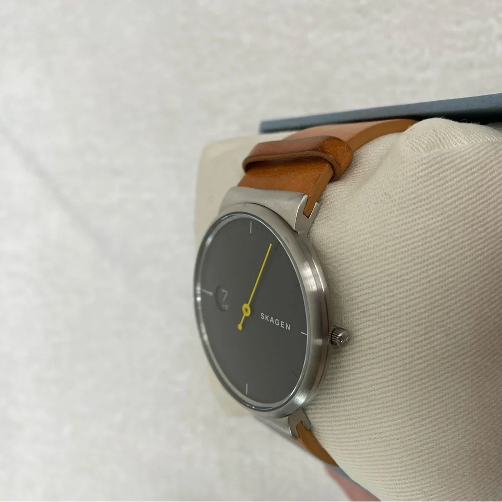Skagen Men's Cognac Leather Ancher Gray Stainless Steel Adjustable Watch Classic